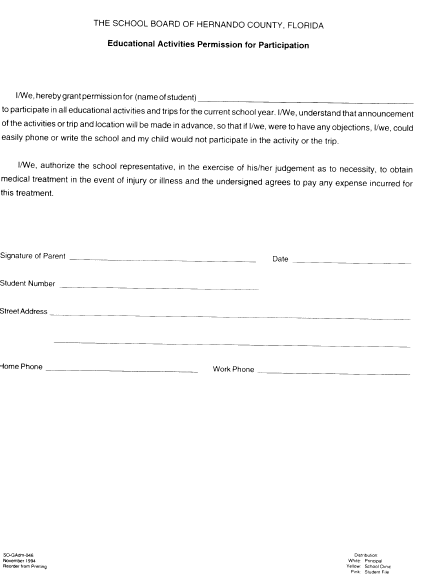 Hernando County Schools Parental Permission Form